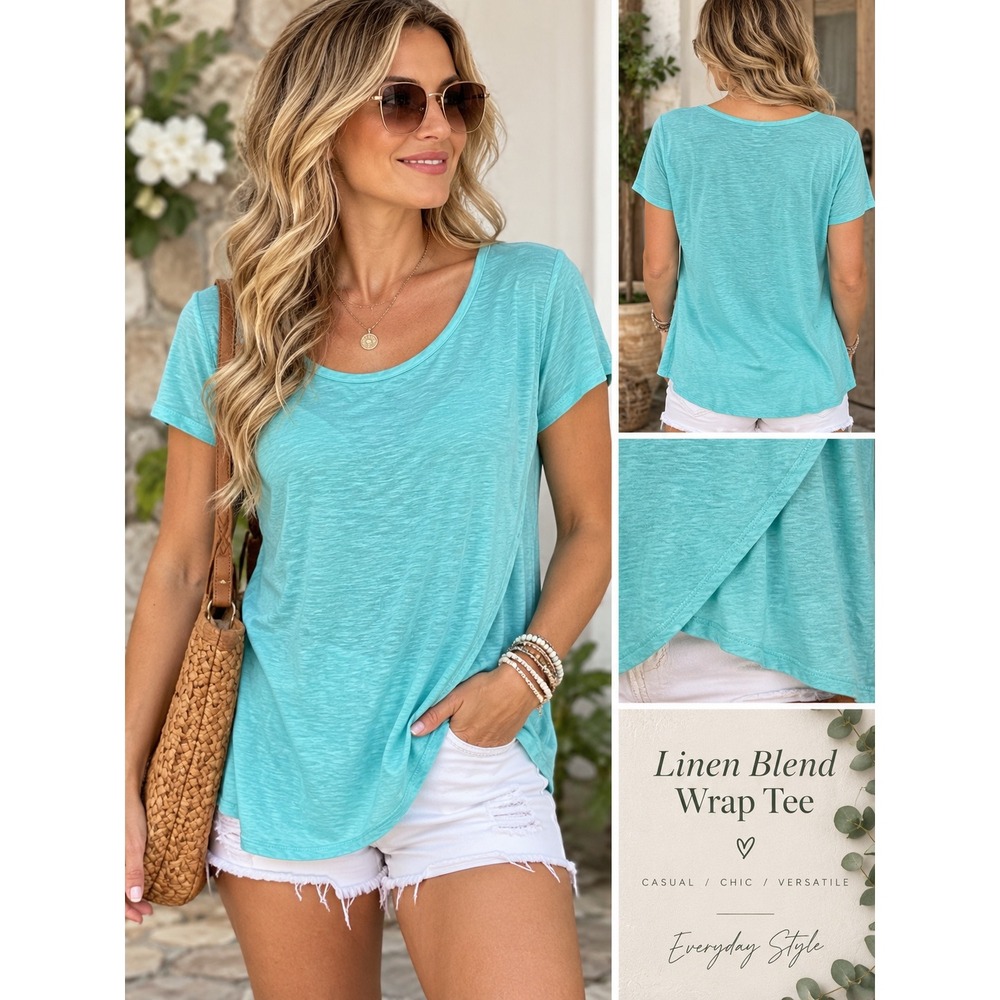 J. Jill Pure Jill Wrap Tee XL Aqua Linen Blend Slub Knit Minimalist Coastal